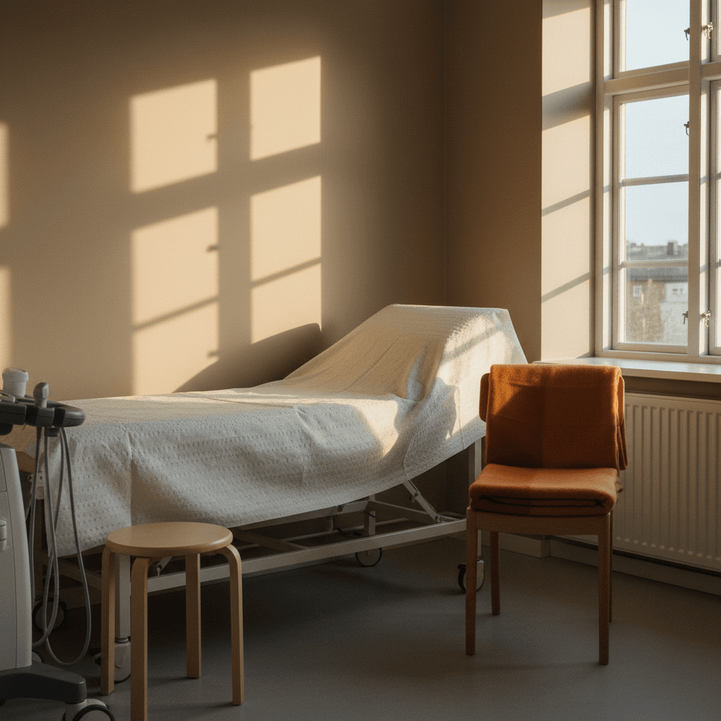 Lugnt hörn av undersökningsrum på Sollentuna Fysiologklinik i varmt eftermiddagsljus